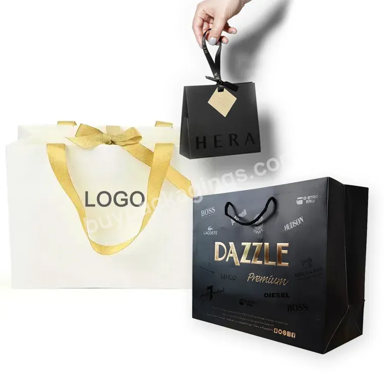 Customized Printed Luxury Ribbon Handle White Cardboard Shopping Packaging Bag Paper Gift Bags With Your Own Logo