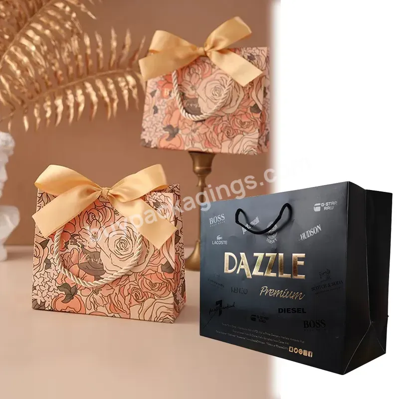 Customized Printed Luxury Ribbon Handle White Cardboard Shopping Packaging Bag Paper Gift Bags With Your Own Logo