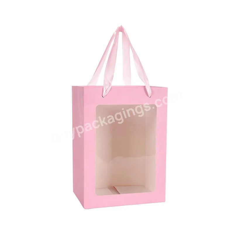 Customized Printing  Logo Skylight portable paper bag with hand gift bag and Open window transparent flower handbag