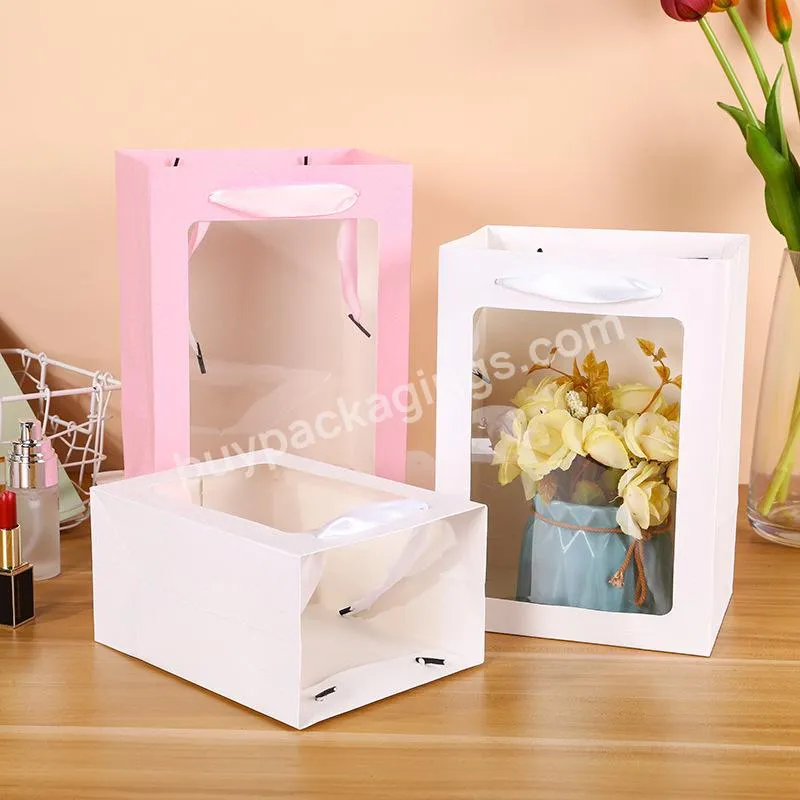 Customized Printing  Logo Skylight portable paper bag with hand gift bag and Open window transparent flower handbag