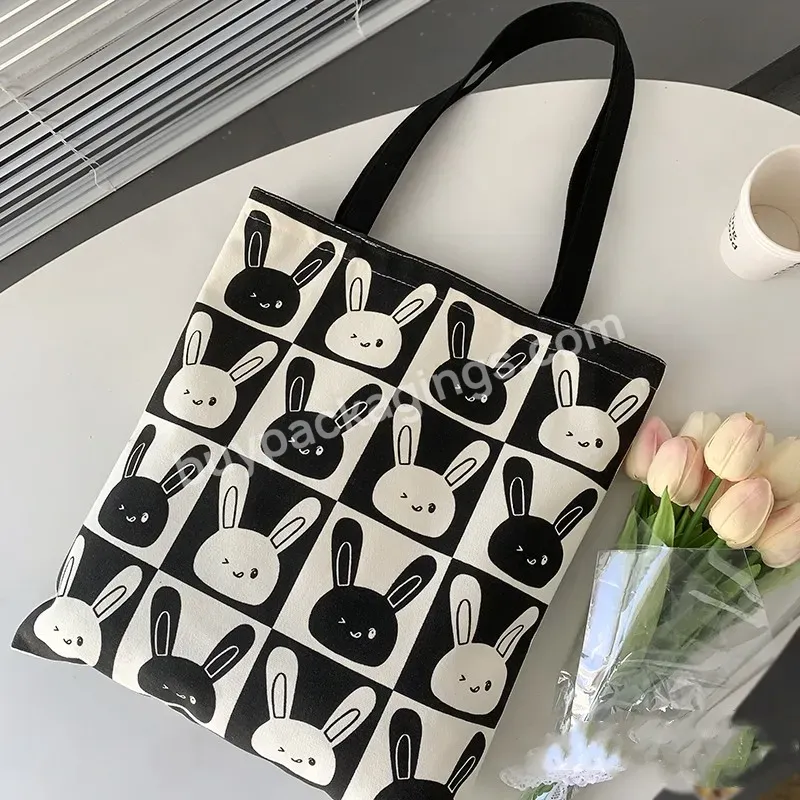 Cute Black Rabbit 100% Cotton Canvas Bag Low Moq And Durable Hot Sale Eco Friendly Reusable Designer Cloth Canvas Bag