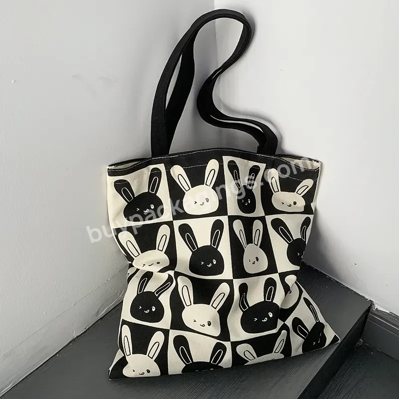 Cute Black Rabbit 100% Cotton Canvas Bag Low Moq And Durable Hot Sale Eco Friendly Reusable Designer Cloth Canvas Bag