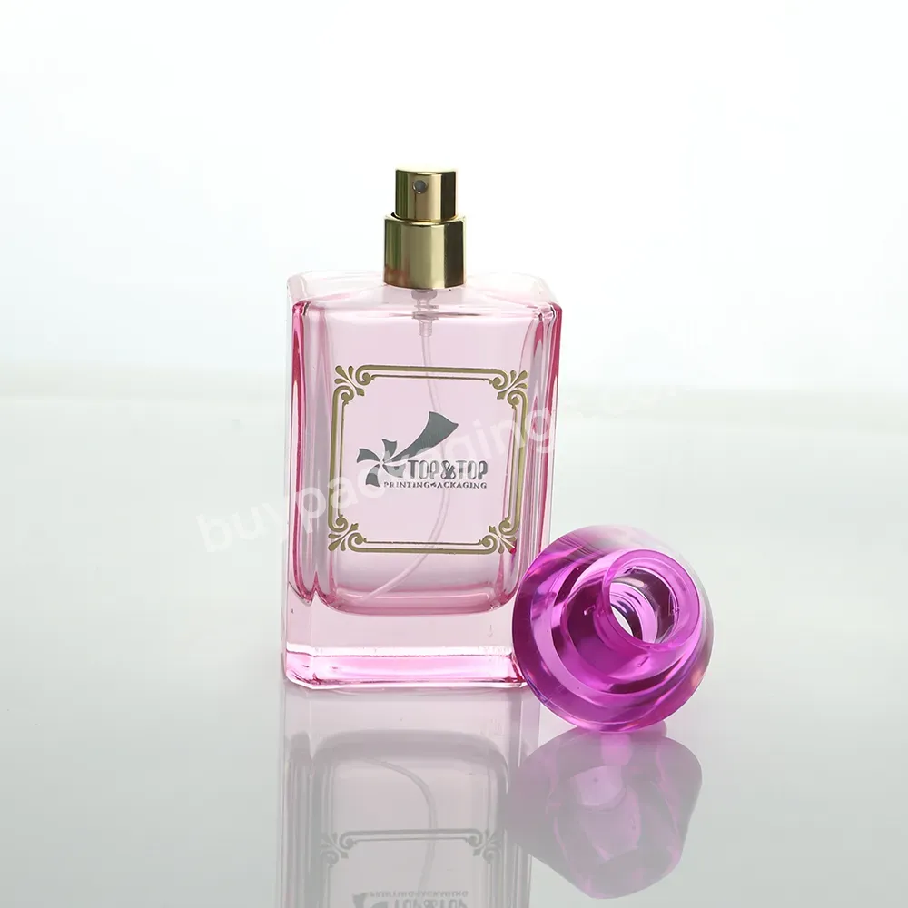 Design Custom Rose Cap High End Square Glass Pink Perfume Bottles Spray Ump With Spray Pump Wholesale