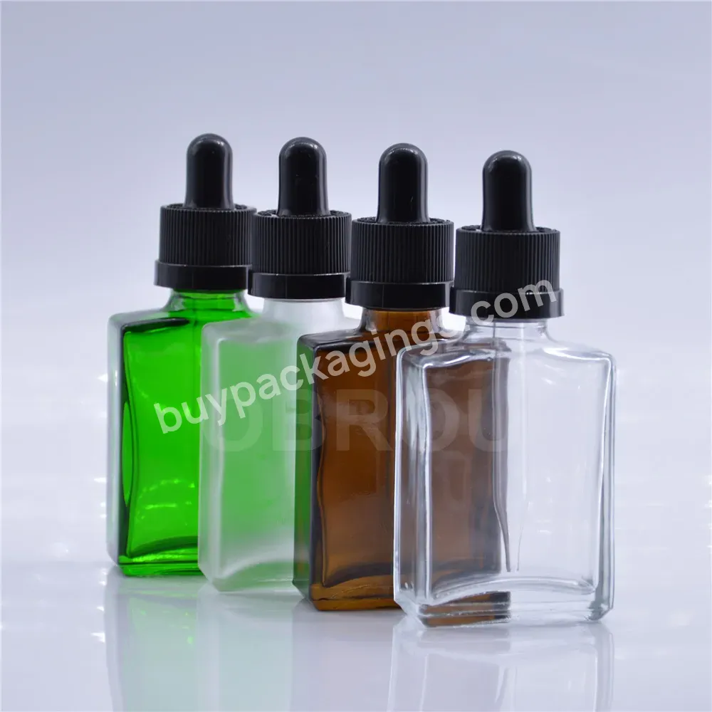 Different Customized Color 30ml Amber Green Frosted Black Blue Rectangle Glass Dropper Bottle With Childproof Cap