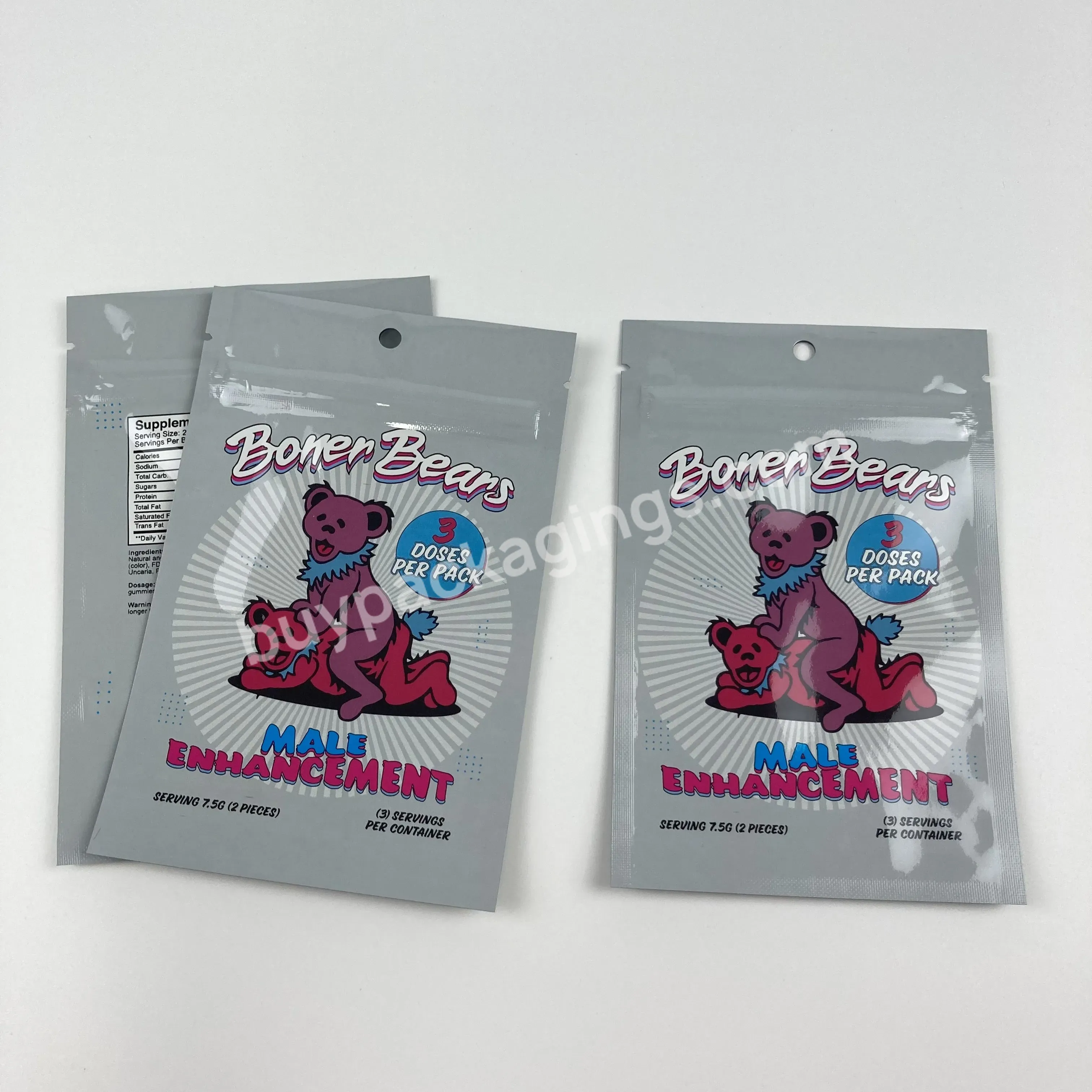 Digital Print Plastic Mylar Flat Pouch With Resealable Zipper And Outer Paper Display Box Bonner Bears Pill Gummies Bag