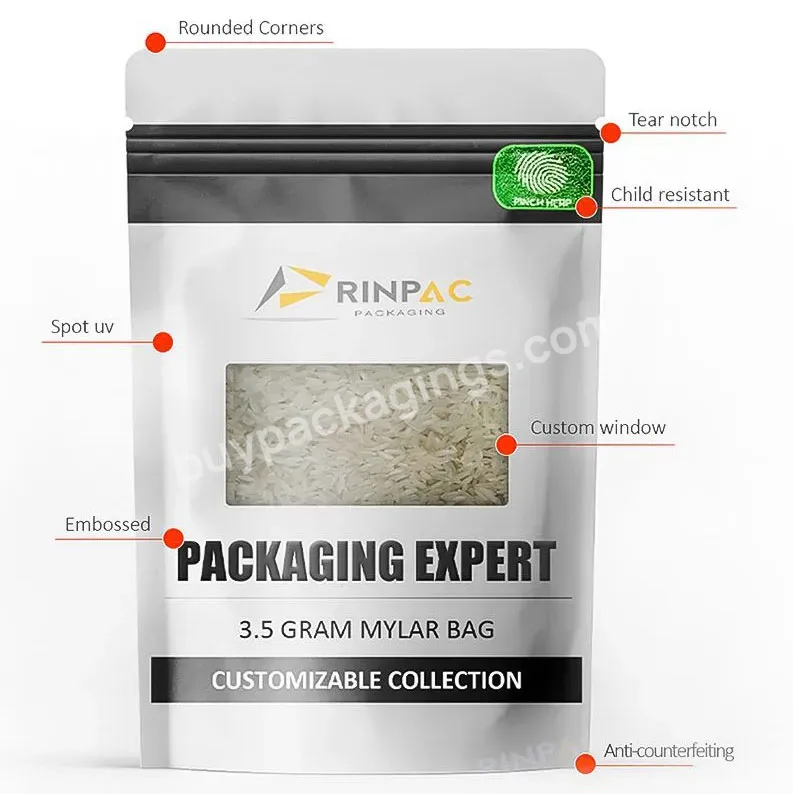 Digital Printing Gold Foil Zip Lock Mylar Bags 3.5g Smell Proof Plastic Bag With Custom Logo