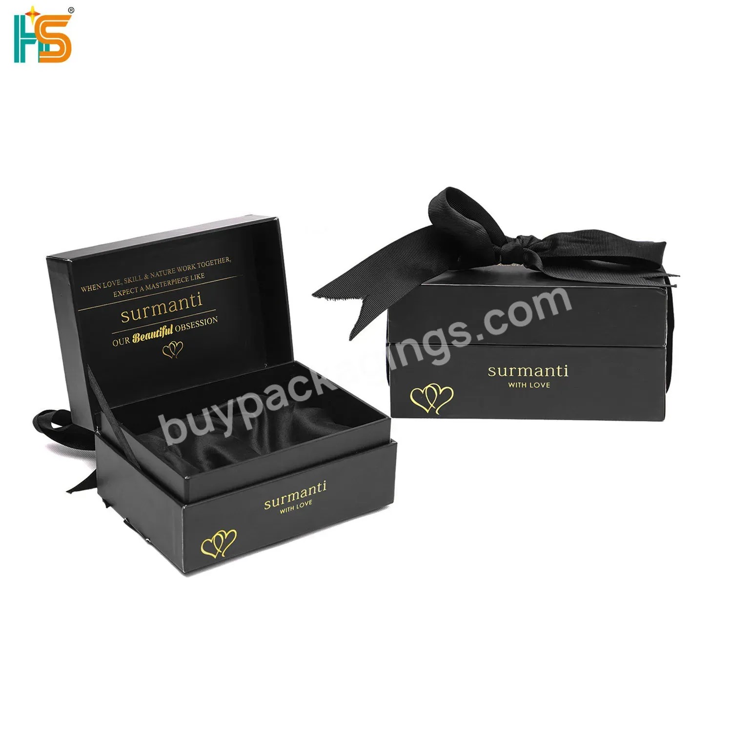 Eco Black Cardboard Custom Logo Boxes Packaging Luxury Flip Cosmetic Satin Insert Gift Box With Bow