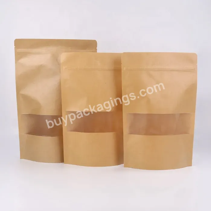 Eco-frendly Custom Print Wholesale Brown Kraft Paper Stand Up Pouch Bag With Window And Zipper For Candy Snack Coffee