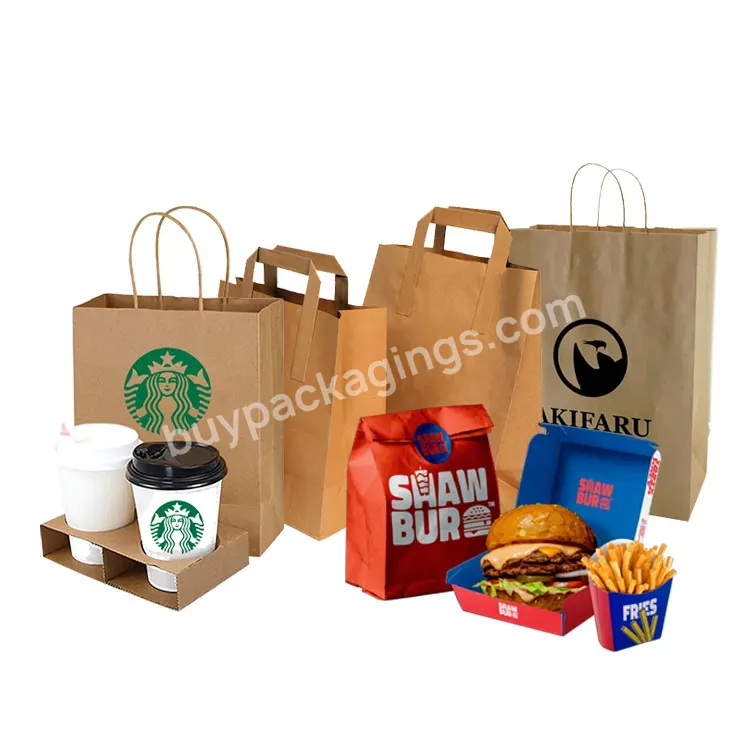 Eco-friendly Custom Printed Thick Sturdy Restaurant Food Take Away Shopping Craft Brown Paper Bag Kraft With Twisted Handles