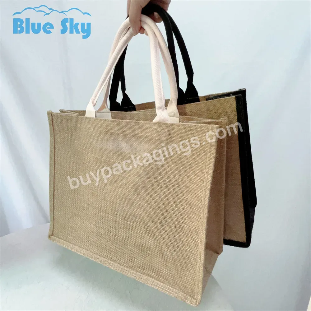 Eco Friendly Laminated Custom Logo Jute Bag Burlap Reusable Linen Beach Bag Hessian Shopping Tote Bags