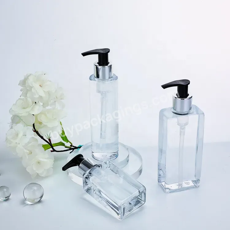 Eco Friendly Luxury Cosmetic Plastic Pump Bottle 110ml 160ml 200ml Clear Finish Biodegradable Empty Square Pet Shampoo Bottle