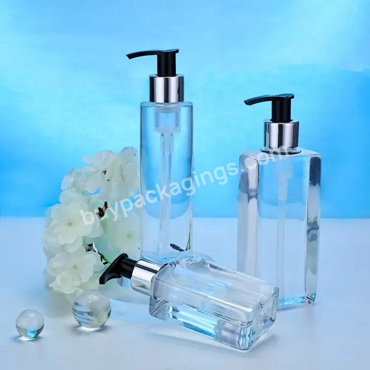 Eco Friendly Luxury Cosmetic Plastic Pump Bottle 110ml 160ml 200ml Clear Finish Biodegradable Empty Square Pet Shampoo Bottle