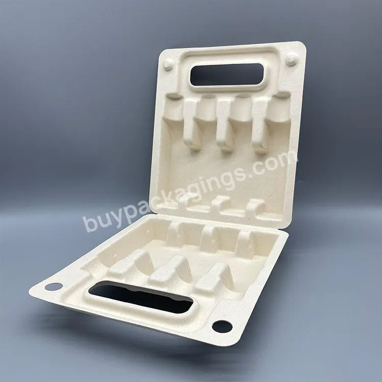 Eco Friendly Molded Pulp Folding Bleached Wine Gift Box Glass Bottle Paper Tray Packaging With Handle