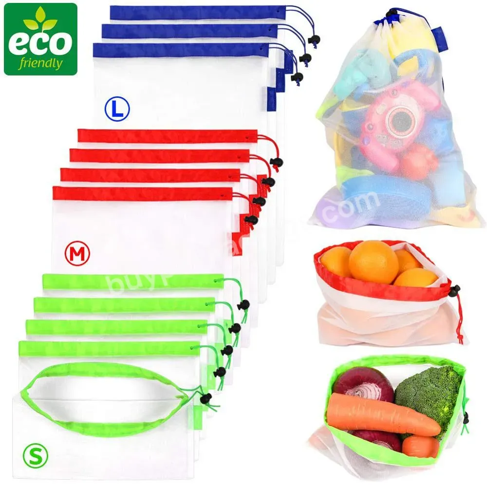 Eco Friendly Nylon Washable Reusable Vegetable Mesh Produce Shopping Bags With Drawstring