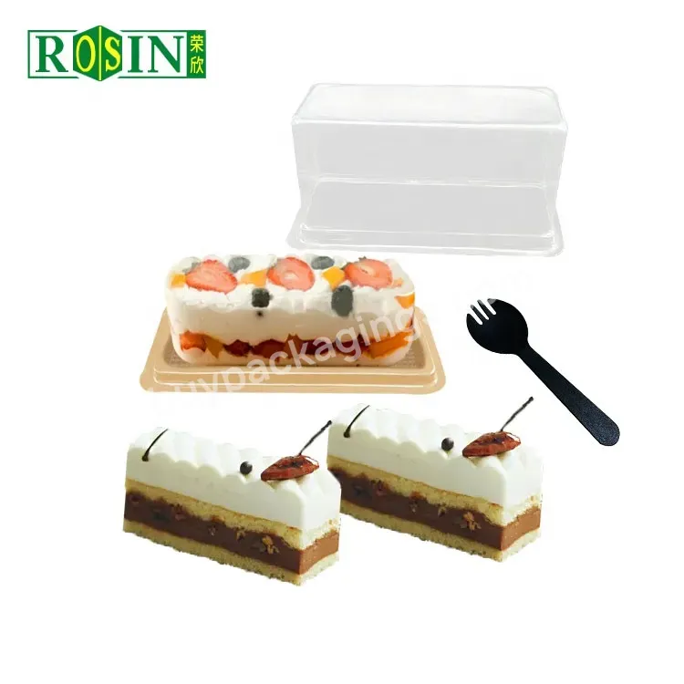 Eco Friendly Rectangle Gold Bottom Transparent Lid Swiss Roll Tiramisu Cake Box Plastic With Fork