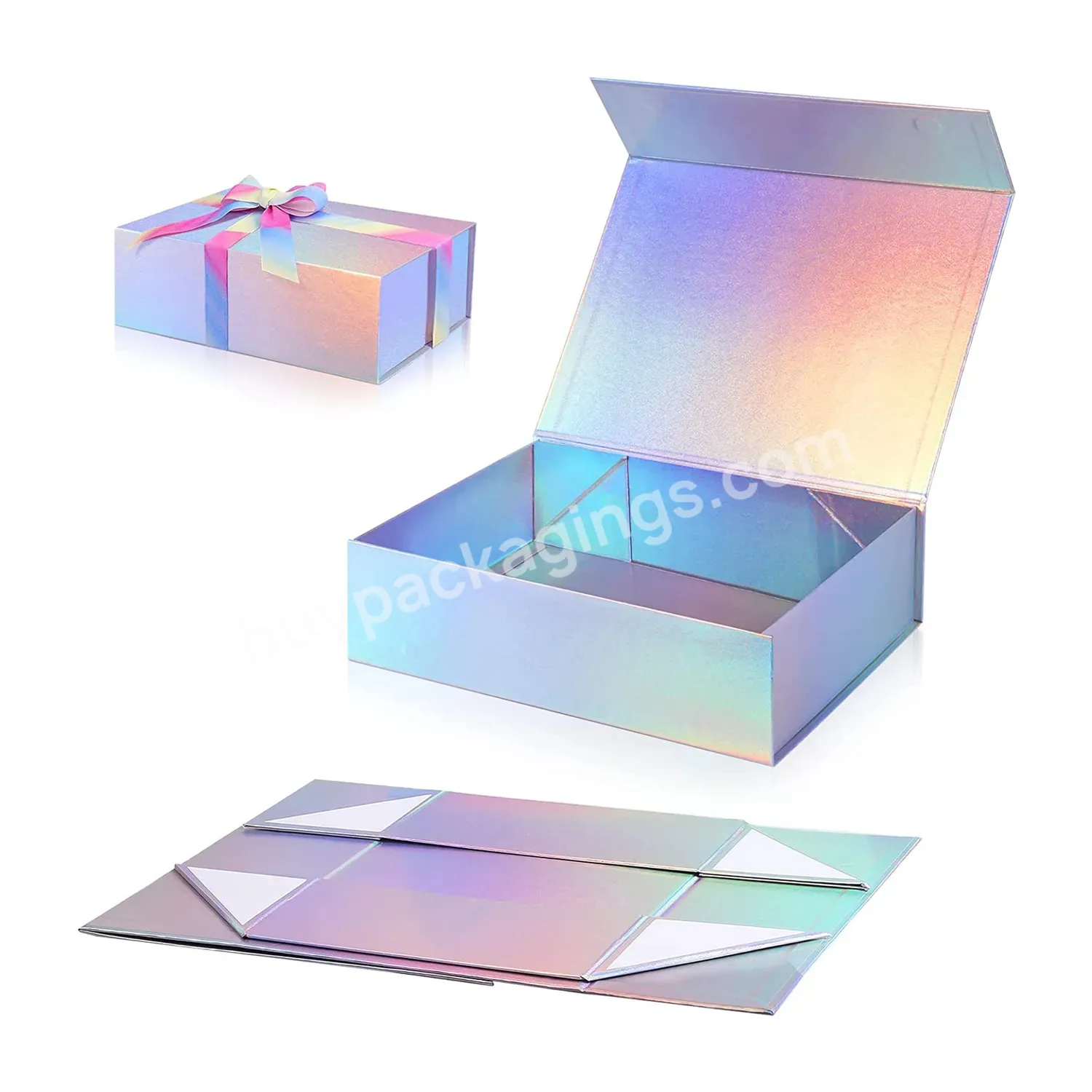 Eco Friendly Recycled Paper Ribbon Folding Christmas Magnetic Gift Boxes Custom Holographic Foldable Packaging Box