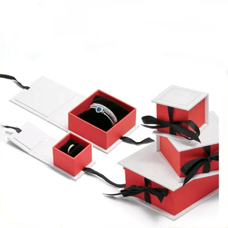 Elegant Flip Top Cardboard Jewelry Gift Box Custom Logo Printed White Jewellery Box With Ribbon Closure