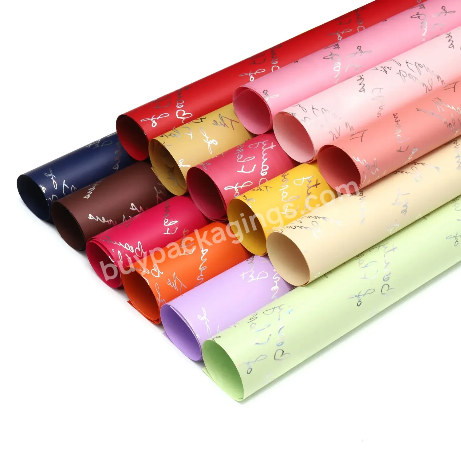 Elegant Pure Color Waterproof Flower Wrapping Paper Sheet Roll With One Side Holographic English Letter Printed