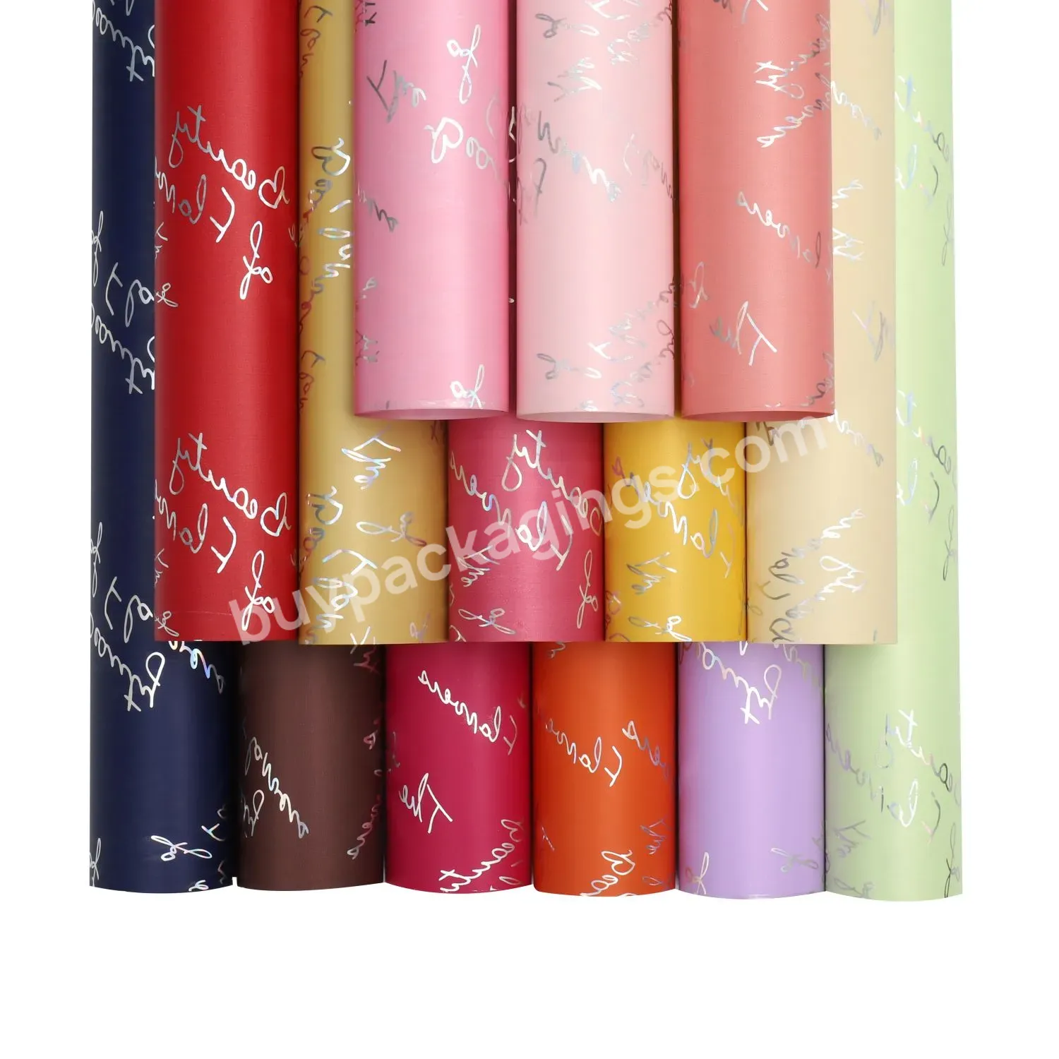 Elegant Pure Color Waterproof Flower Wrapping Paper Sheet Roll With One Side Holographic English Letter Printed