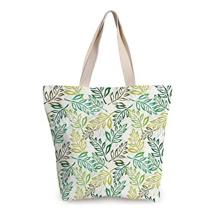 Embroidery Embroidered Print Green Leaf Canvas-tote-bag Biodegradable Eco Friendly Cloth Canvas Tote Bag With Long Rope Handle