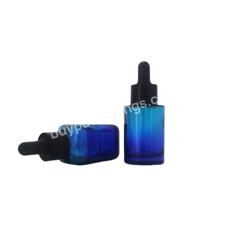 Empty 15ml 30ml 50ml 100ml Gradient Blue Flat Shoulder Glass Dropper Bottle Glass Serum Bottle With Black Cap