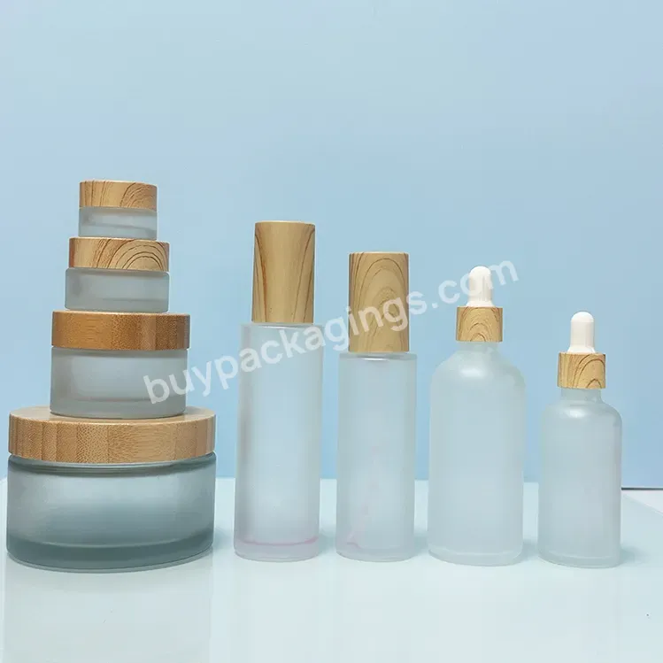 Empty Cosmetic Packaging Frosted Clear Skin Care Glass Cream Jar With Plastic Bamboo Cover