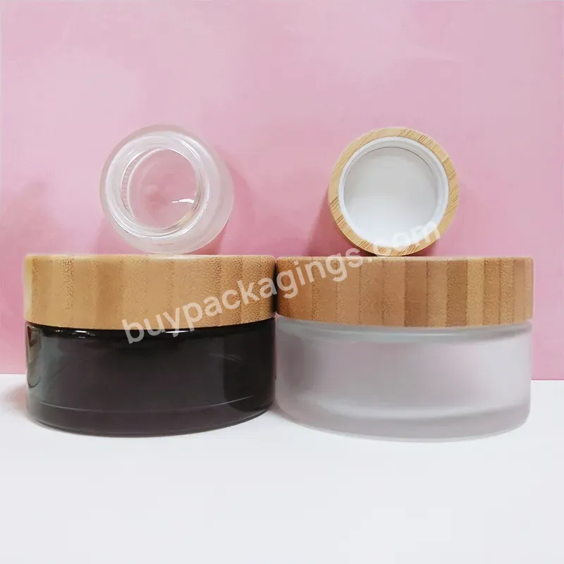 Empty Cream Cosmetic Container 30g 50g 100g Frosted Clear Glass Jars With Bamboo Lid