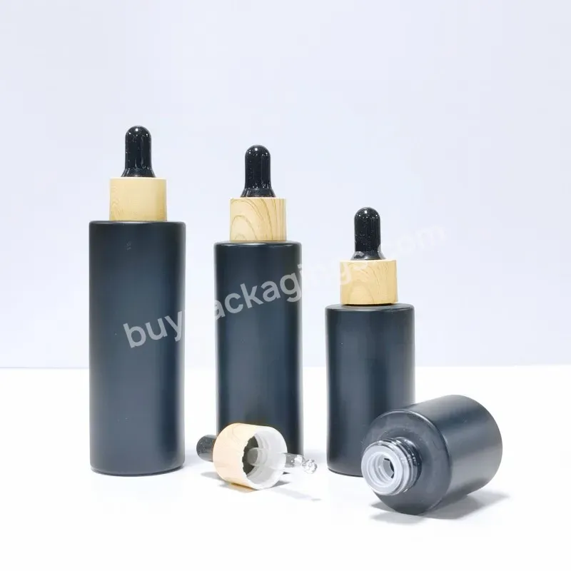 Empty Flat Shoulder Round 20ml-80ml Dropper Bottle Black Glass Bottles With Plastic Bamboo Lid