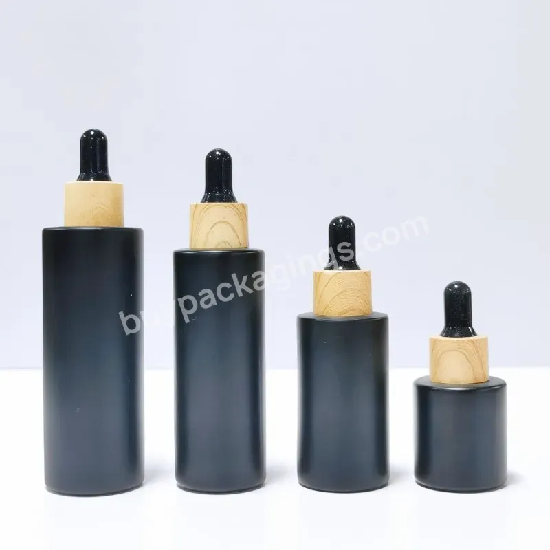 Empty Flat Shoulder Round 20ml-80ml Dropper Bottle Black Glass Bottles With Plastic Bamboo Lid