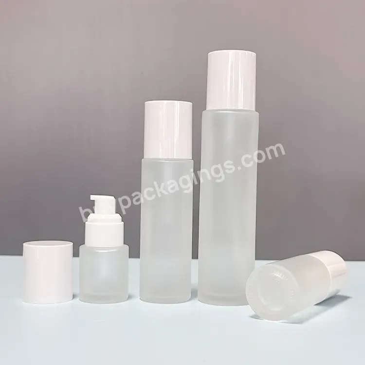 Empty Flat Skincare Packaging 50ml 100ml Cream Cosmetic Transparent Glass Bottle Toner Lotion Pump Body Oil Glass Bottle