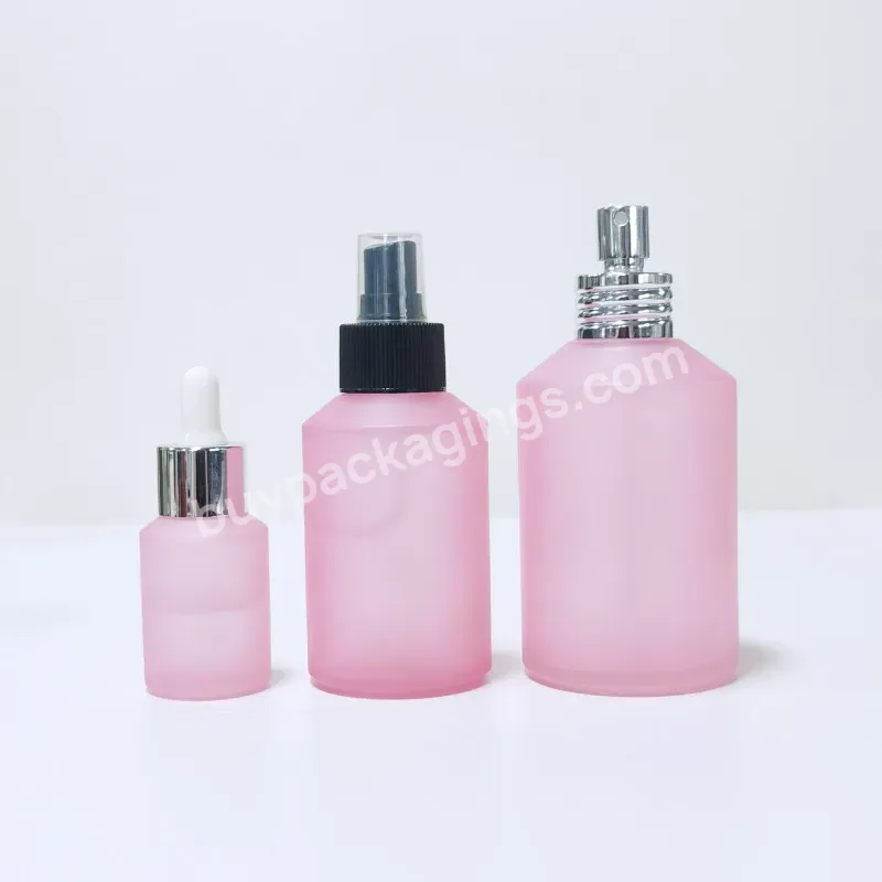 Empty Slant Shoulder 30ml 100ml 200ml Pink Frosted Glass Dropper Bottle Matt Silver Bottle With Spray Pump