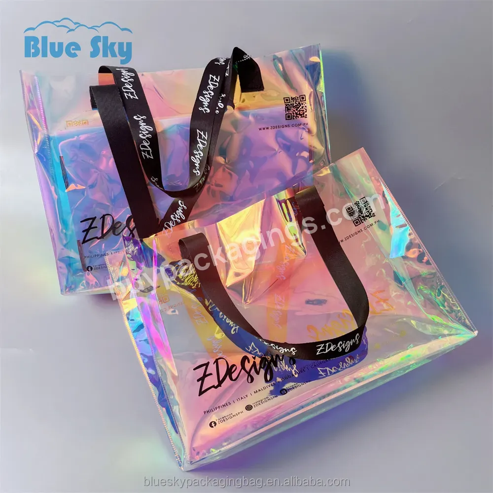 Environmentally Friendly Repeated Use Of Custom Printed Logo Pvc Holographic Tote Bag Fabric Cosmetic Packaging Plastic Tote Bag