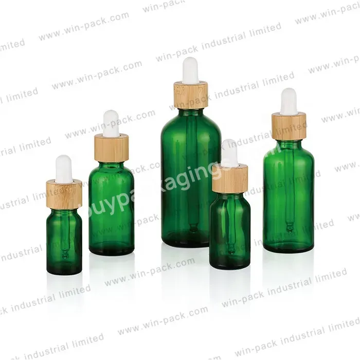 Essential Oil Bottle Green Matte Finish Glass With Bamboo 5ml 10ml Dropper Screen Printing Cosmetic Essential Oi/serum Luxury