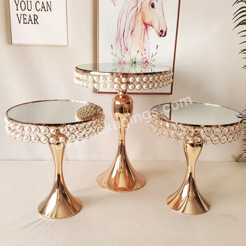 European Pearl Mirror Cake Holder Metal Tall Cake Stand Dessert Stand Glass Mirror Cake Stand