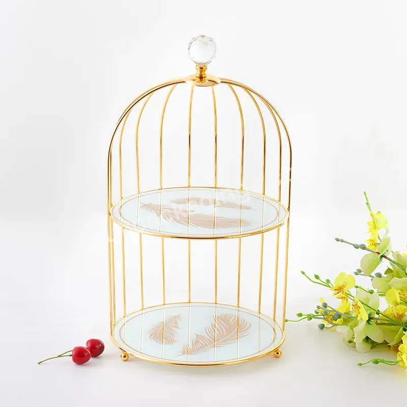 European-style Wrought Iron Birdcage Cake Stand Double-layer Glass Dessert Table Dressing Table Storage Rack