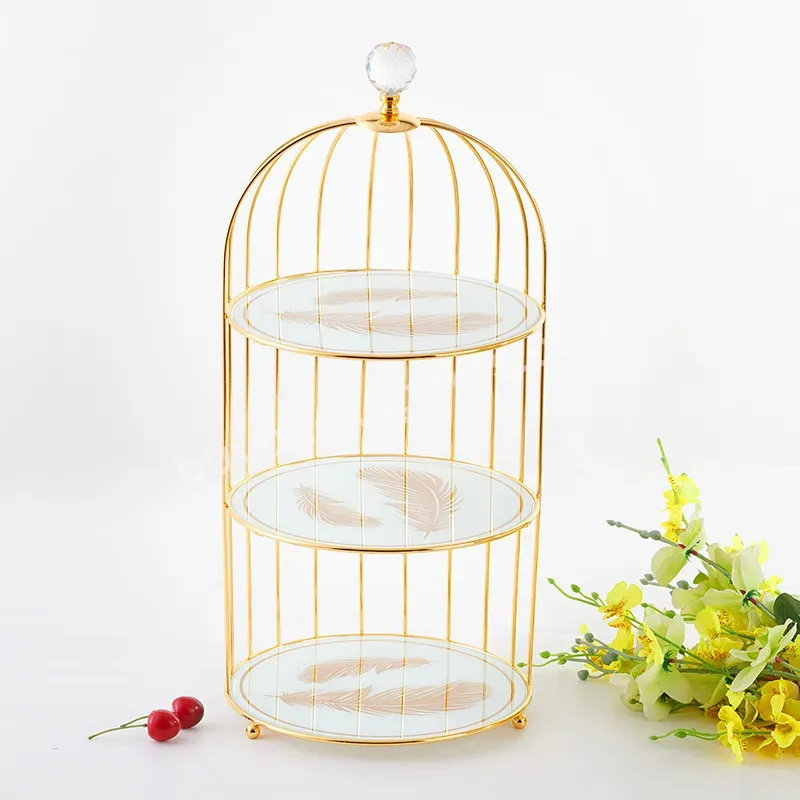 European-style Wrought Iron Birdcage Cake Stand Double-layer Glass Dessert Table Dressing Table Storage Rack