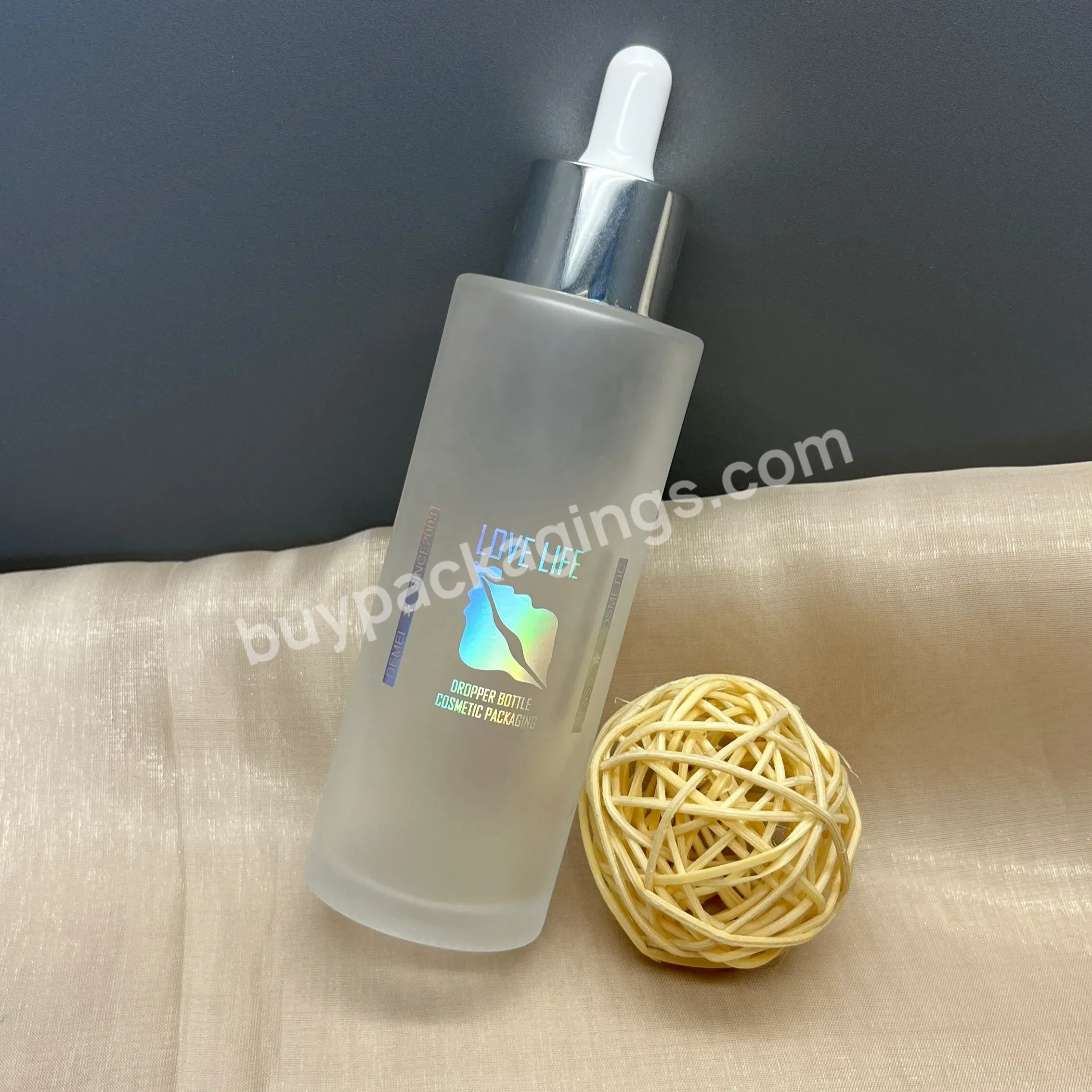 Factory 100ml Cylinder Frosted Glass Skin Care Cosmetic Dropper Bottle With Holographic Hot Stamping Printing