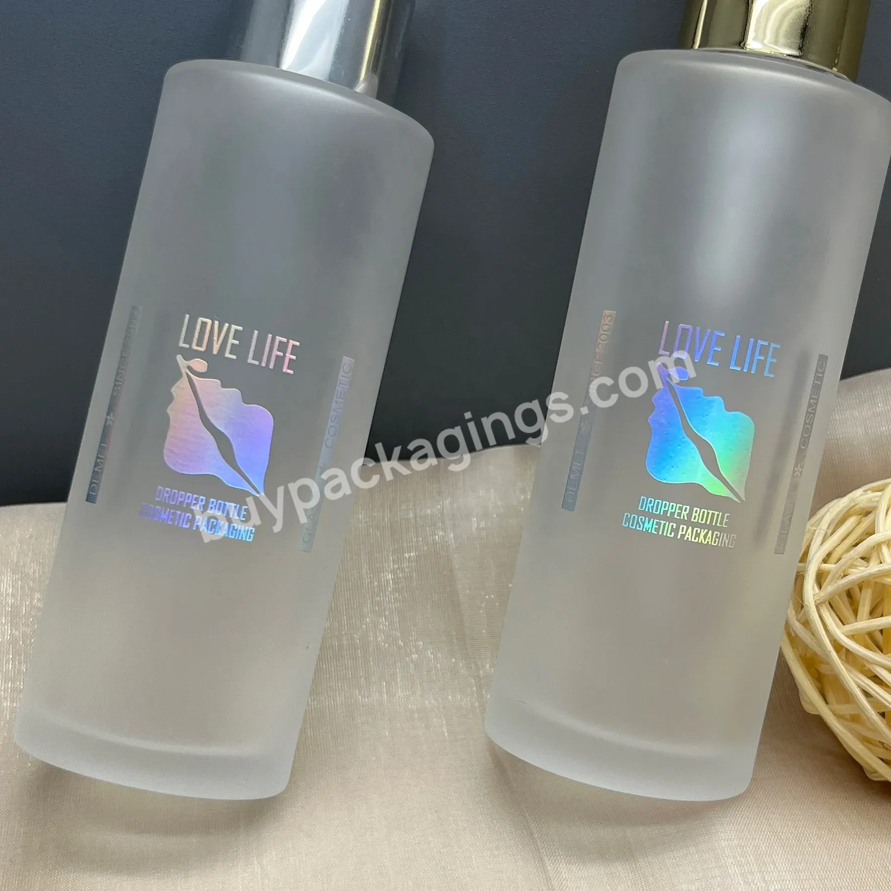 Factory 100ml Cylinder Frosted Glass Skin Care Cosmetic Dropper Bottle With Holographic Hot Stamping Printing