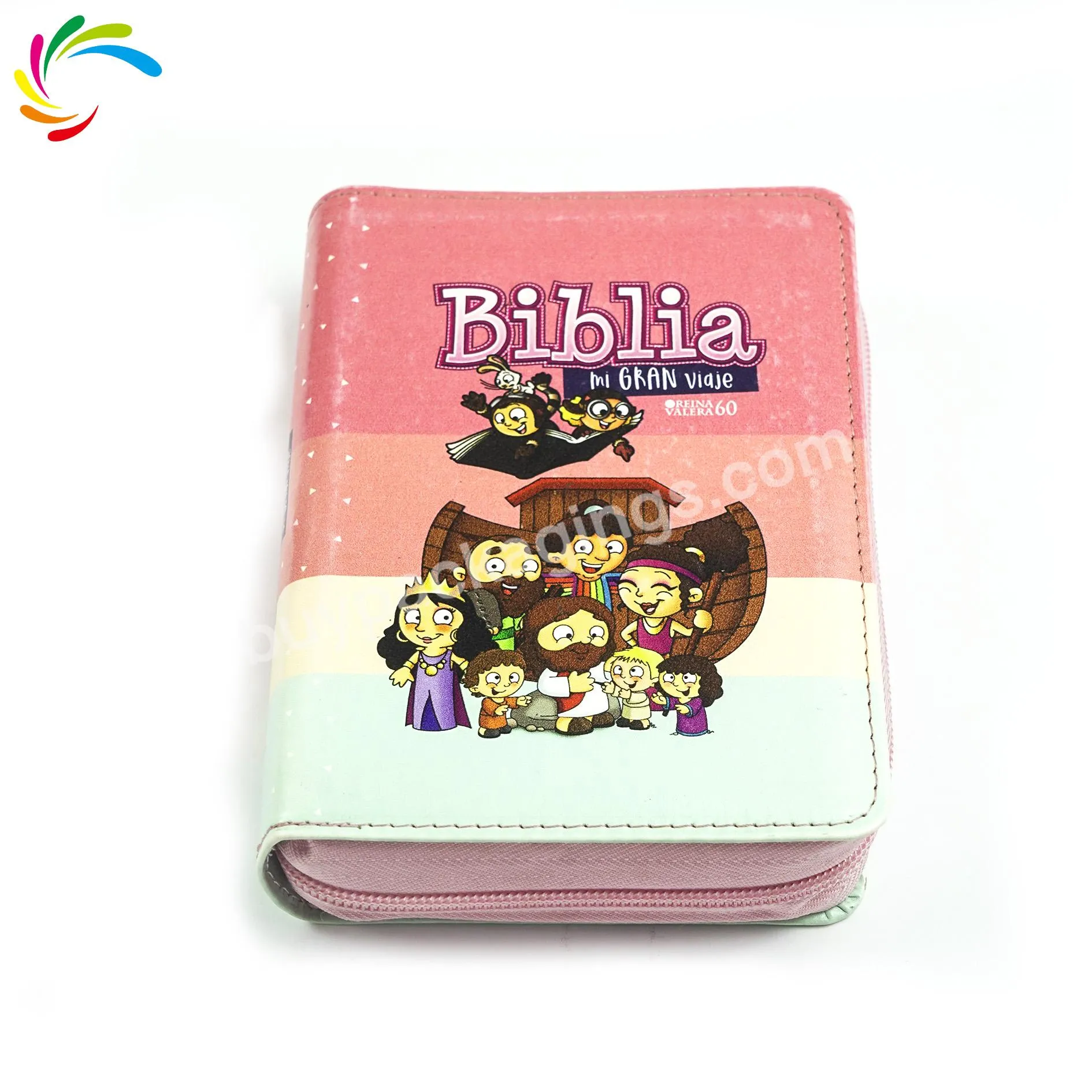 Factory cheap price custom high-end PU leather pink with zipper bag  children hardcover Spanish Bible books