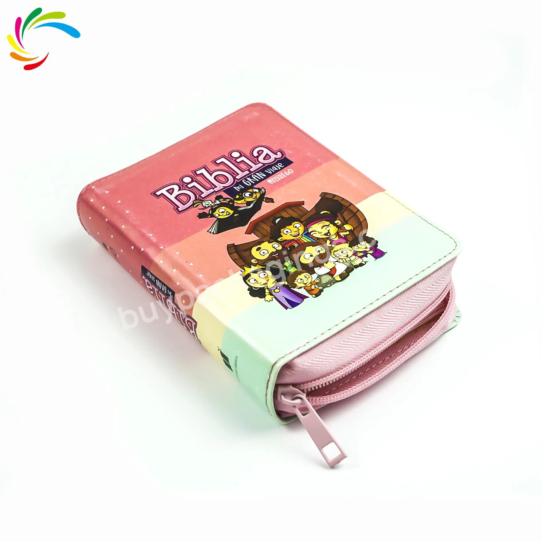 Factory cheap price custom high-end PU leather pink with zipper bag  children hardcover Spanish Bible books