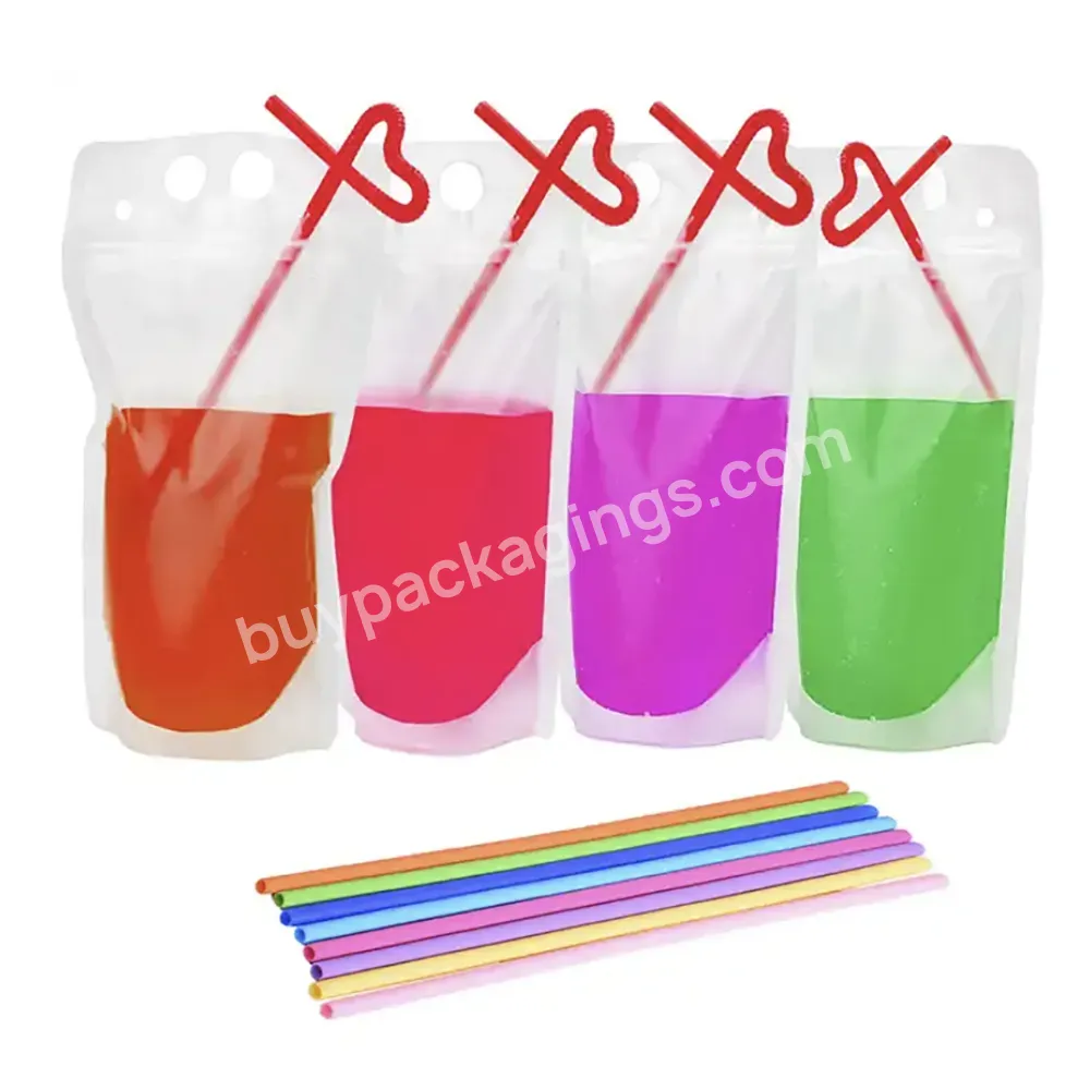 Factory Custom Juice Beverage Bags Zipper Cold Frozen Jelly Packaging Reusable Plastic Juice Drink Pouches With Straw Hole