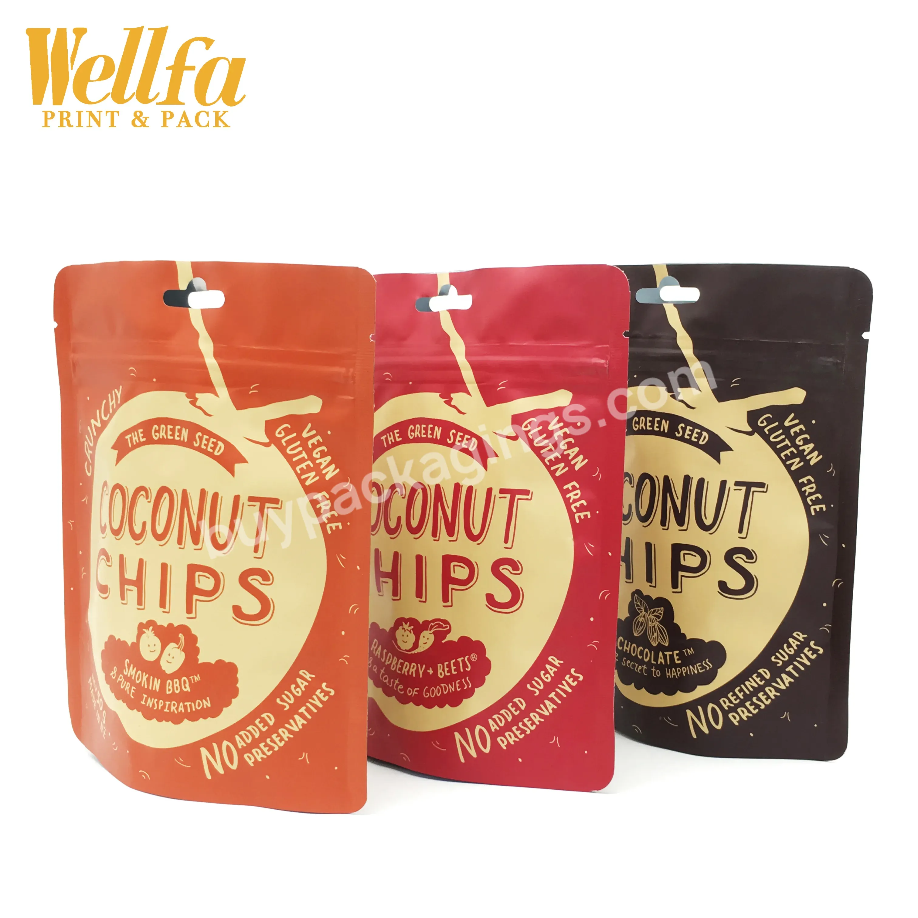 Factory Custom Printing Heat Seal Aluminum Foil Snack Chips Stand Up Zip Lock Pouch With Hang Hole