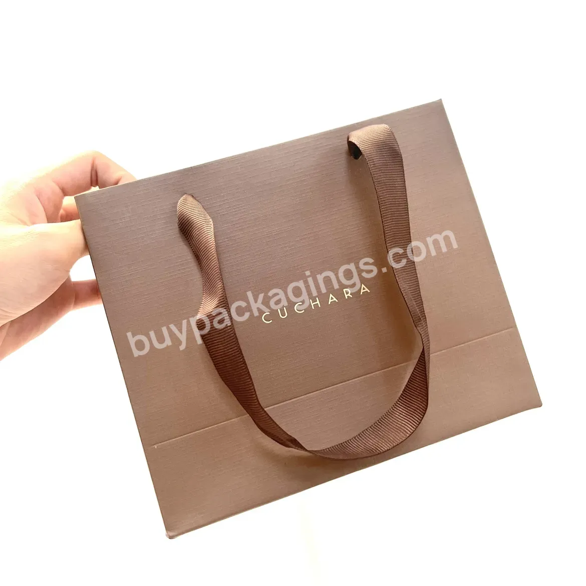 Factory Direct Customized Small Size Dark Brown Luxury Jewelry Necklace Paper Bag Shopping Bag With Gold Logo
