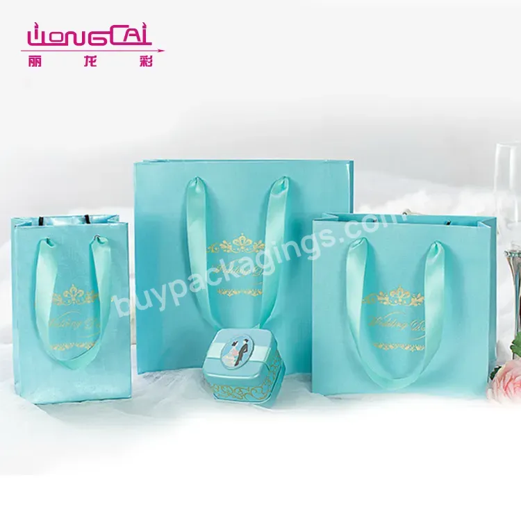 Factory Direct Luxury Gold Foil Logo Custom Design Paper Shopping Bag With Ribbon Handle