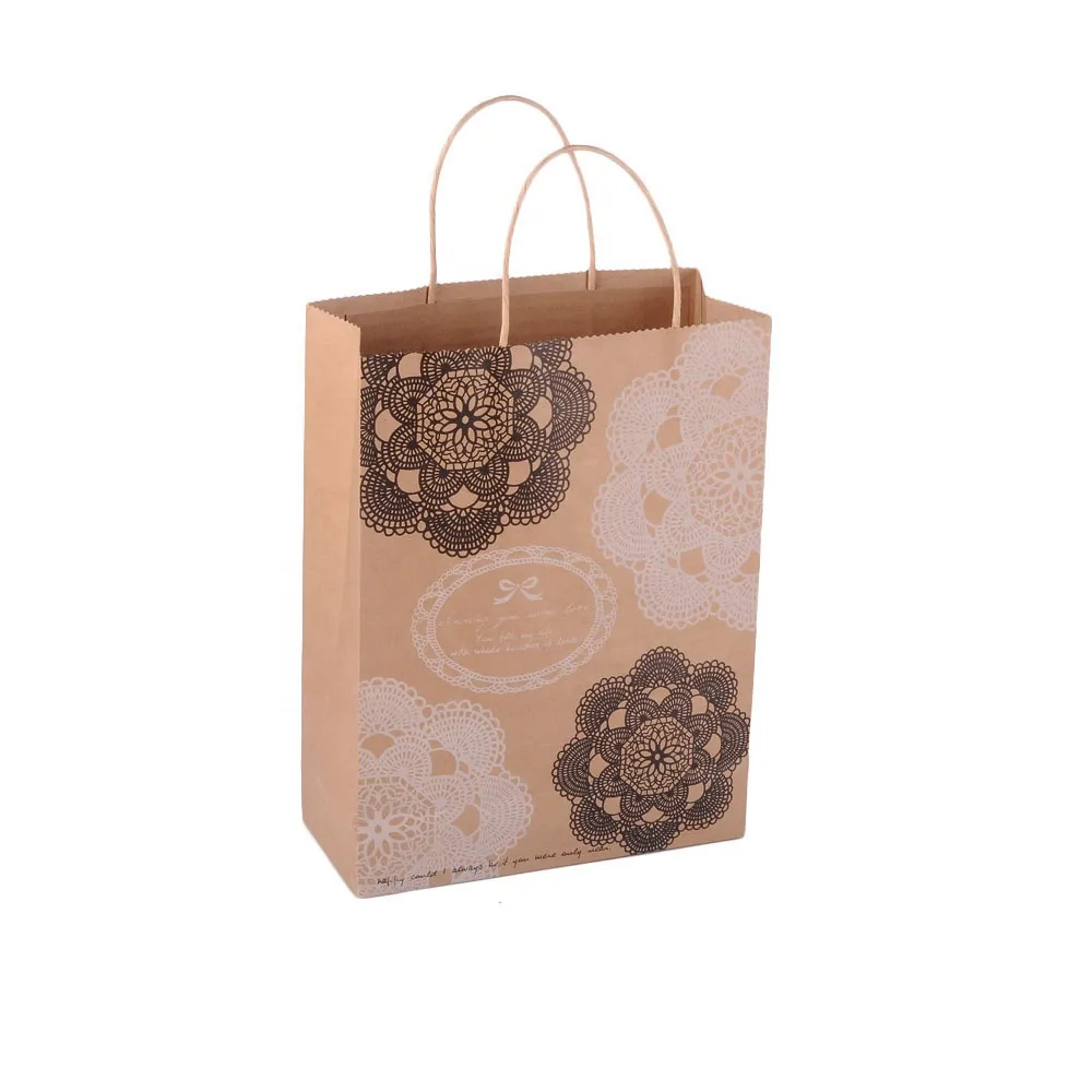 Factory direct sale machine made Recycled white&brown kraft paper bag with twisted paper handle