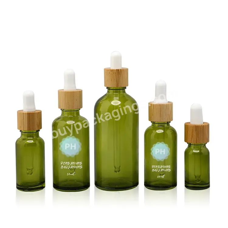 Factory Manufacturer 30ml 50ml Wooden Lid Green Glass Dropper Bottle Empty Serum Essential Oil Hair Care Dropper Bottle Cosmetic