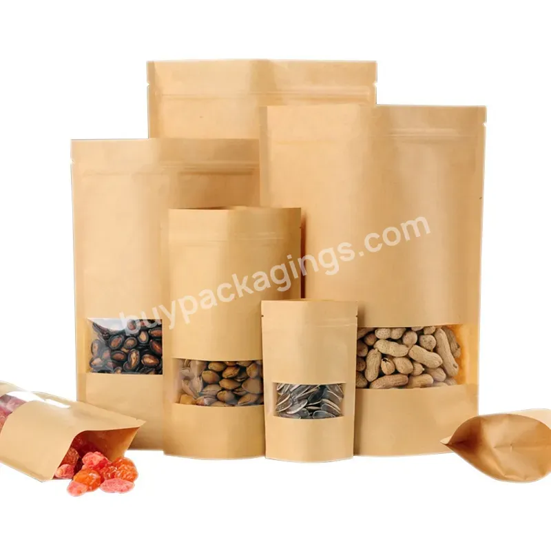 Factory Price Brown Waterproof Kraft Paper Zipper Bag With Window Reusable Sealing Zipper Kraft Paper Food Bag For Tea Nuts