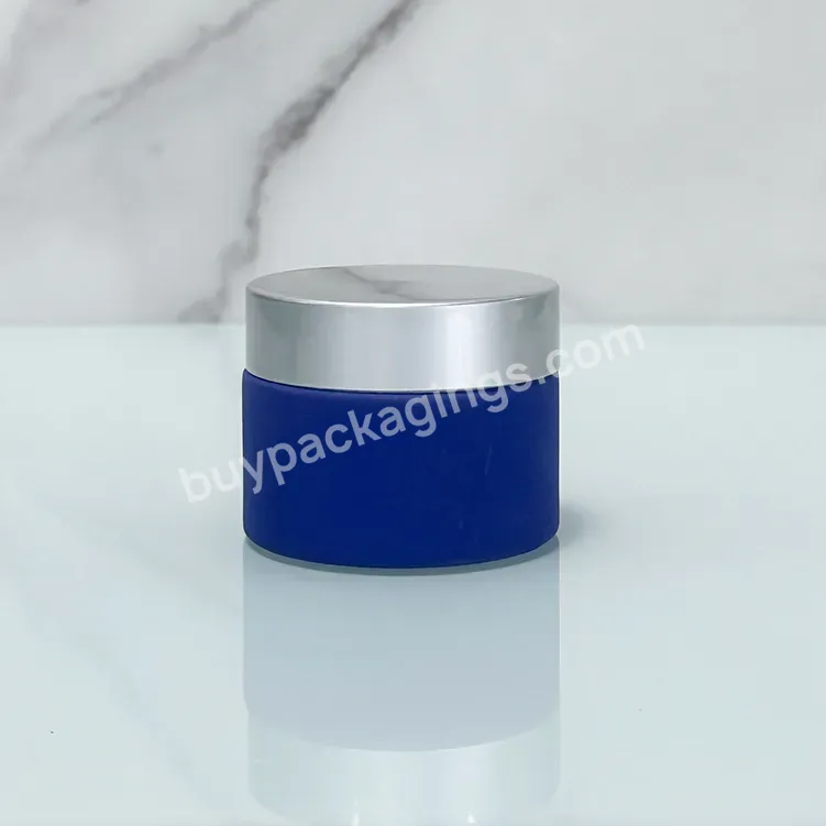 Factory Price Custom Logo Printing 30g Blue Frosted Glass Cosmetic Jars With Silver Color Lid