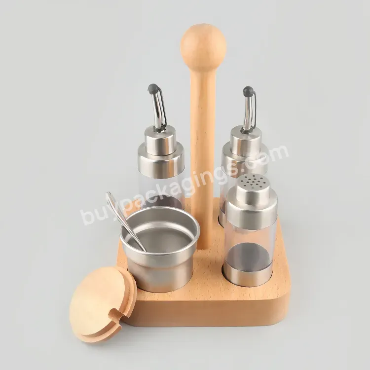 Factory Price Unique Square Bamboo Seasoning Rack Kitchen Stainless Steel Condiment Set