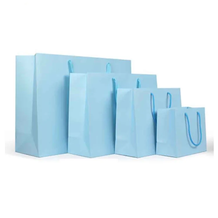 Factory price wholesale Luxury custom printing design bulk  light blue shopping paper gift bag with handle